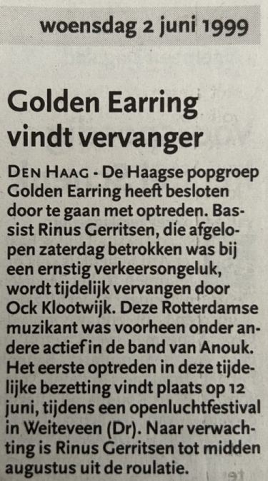 AD newspaper article Golden Earring vindt vervanger June 02 1999